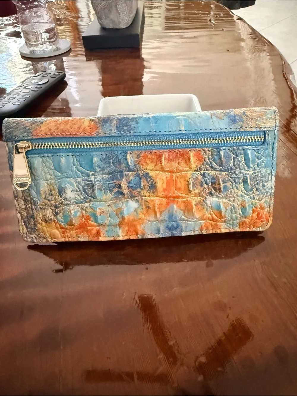 Brahmin Orange and Blue Croc-Embossed Leather Clutch